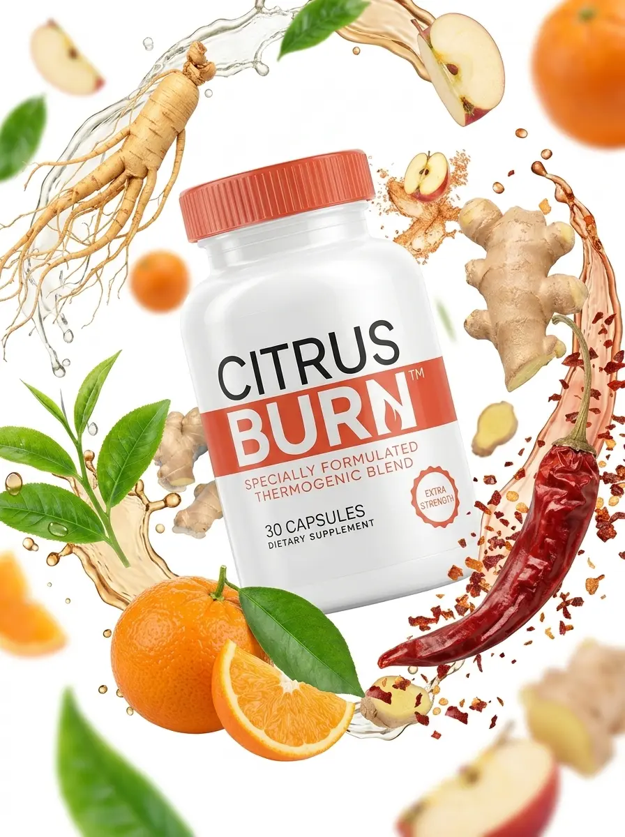 CitrusBurn bottle with ingredients